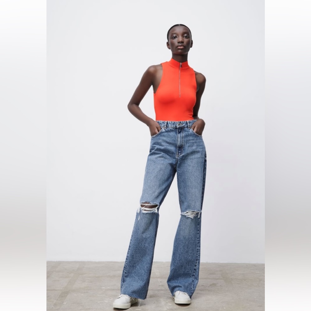 Zara Red Zippered Bodysuit Sz S